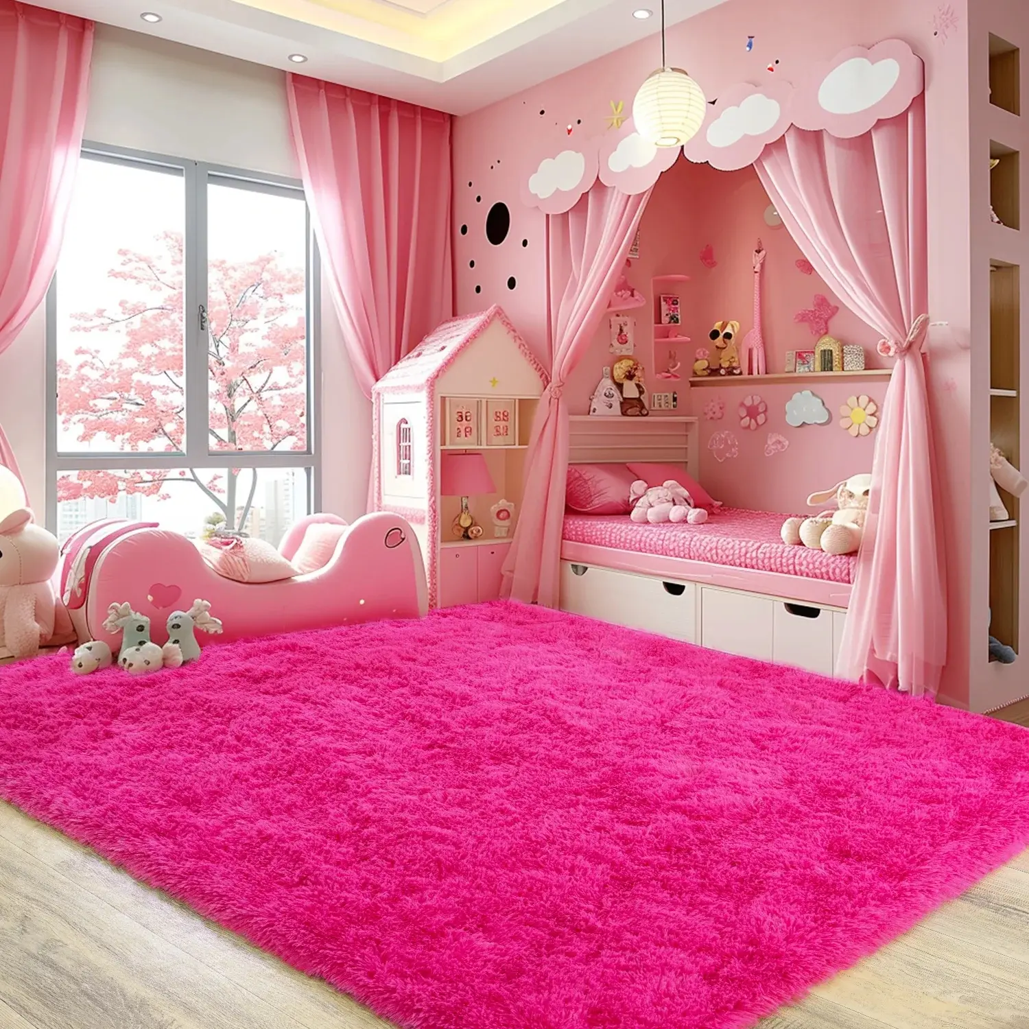 Soft Shag Rugs For Bedroom, Hot Pink Fluffy Shaggy Rugs For Living Room Nursery, Luxury Modern Plush Carpet Girls Boys Kids Room Dorm Indoor Home Decor, Upgrade Non-Slip