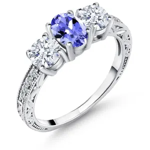 Gem Stone King 2-3 Cttw Gemstone Birthstone 3-Stone Engagement Ring for Women | 925 Silver | Oval 7X5MM | Round 5MM | Filigree and Milgrain Detail | Three Stone Wedding Ring