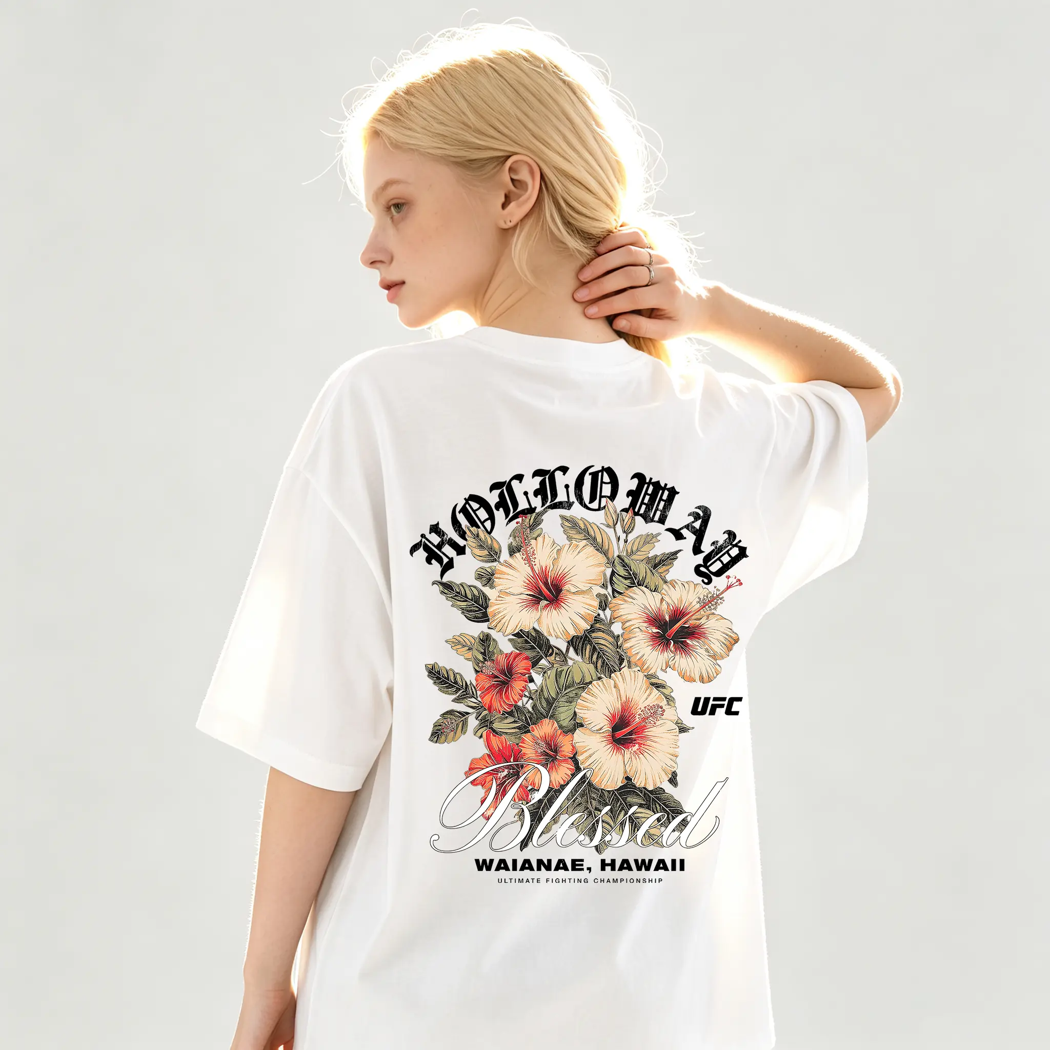 Women's Oversized Graphic T-Shirt with Double-Sided Hawaiian Hibiscus Floral Print, Casual Round Neck Cotton Streetwear Top for MMA Fans, Preppy, Chic Cute, Party