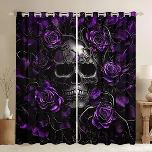 Sugar Skull Curtains,Purple Rose Floral Window Curtains,Drapes,Adults Gothic Skeleton Blackout Curtains,Exothic Hippie Horror Darkening Curtains