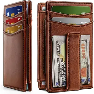 Magnetic Closure Slim Wallet-Genuine Leather Front Pocket Wallet for Men,RFID Blocking,Holds 12 Cards and Money Clip