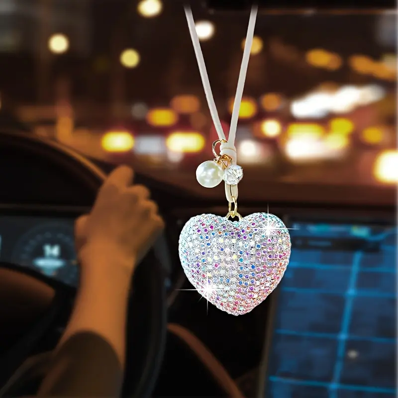 Elegant Crystal Heart Car Pendant, Luxury Pearl Gold Chain Design, Unisex High-End Auto Accessory, Car Interior Decoration, Perfect Gift for All Occasions, Car Hanging Decoration, Boujee Car Accessories