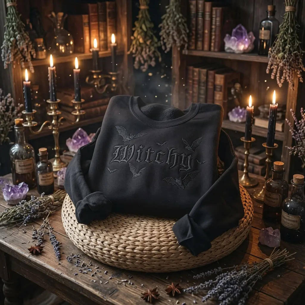 Women's Gothic Hooded Sweatshirt - Vintage Witchy Embroidery, Fitted Cut, Longsleeves, Lightweight, Plus Sizes, All Seasons Casual Halloween Pullover Top