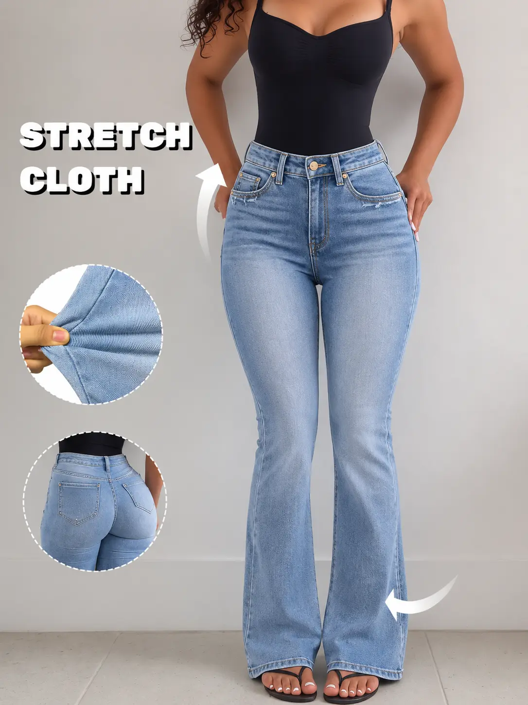 Retro 90s Style Slit Seam Flare‑Leg Jeans Ladies Light‑Blue Washed Fringed Hem Bootcut Denim
