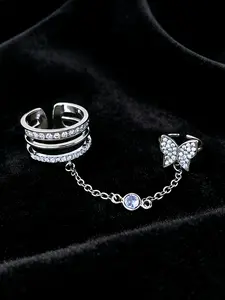 1pc Butterfly Chain Linked Open Rings, Silver Plated Double Finger Connected Ring with Cubic Zirconia, Adjustable Cuff Ring for Stacking, Women's Layered Statement Jewelry, Daily Wear, Party, K-pop Style, Viral TikTok Fashion Ring