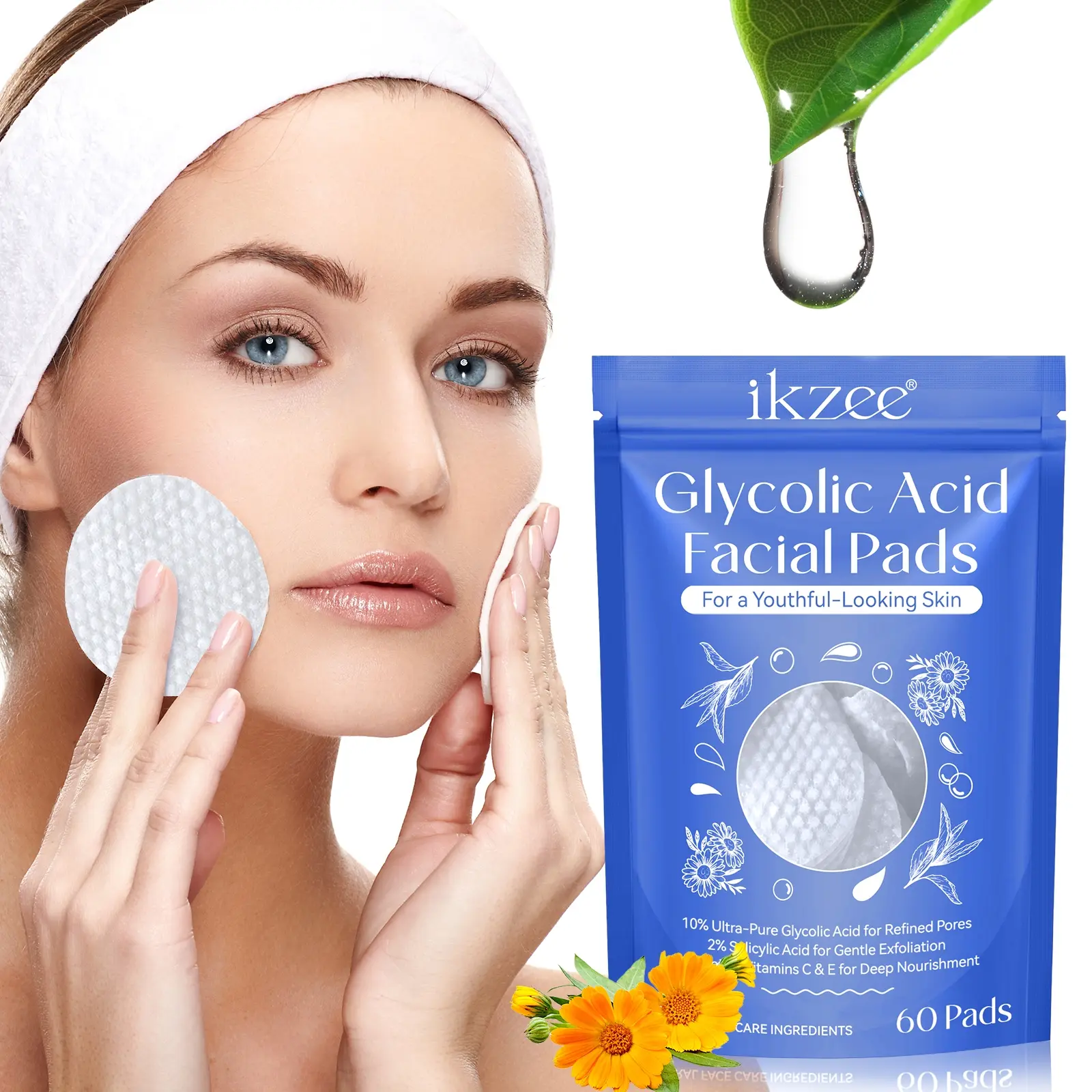 Ikzee Glycolic Acid Calendula Cotton Pads 60pcs, Pore Cleansing, Soothing & Moisturizing Oil Control Exfoliating Wipes for Oily Acne-Prone Skin Care Routine