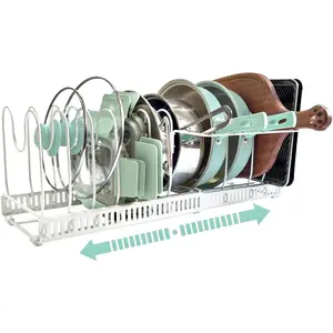 Expandable Pot and Pan Organizer Rack with Handle Support Bar  Adjustable Kitchen Storage for Cabinet, Drawer, Bakeware, Dishes, Under Sink Area,  Containers Lid Stand