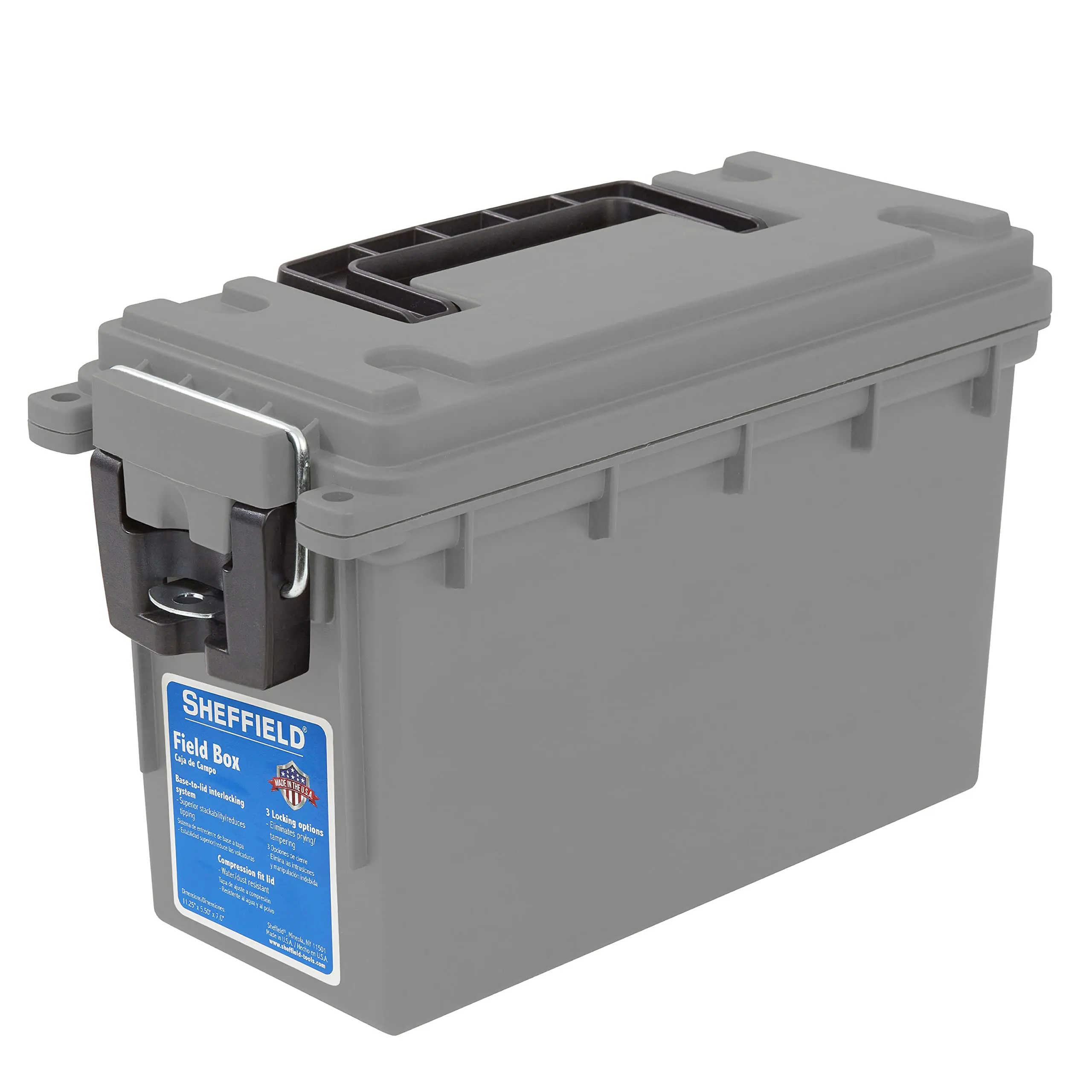 Sheffield 12628 Ammo Storage Box, Stackable .30 Cal Field Boxes, Water and Dust Resistant, Lockable Storage Box with Handle, Secures Hunting Gear, Supplies, and Bullets, Made in USA, Gray, 1-Pack
