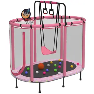 60" Toddler Trampoline with Safety Enclosure Net, SEGMART Upgraded Kids Trampoline with Basketball Hoop, Swing, Rings, Balls, Indoor Outdoor Mini Trampoline Birthday Gift for Kids Ages 3-9