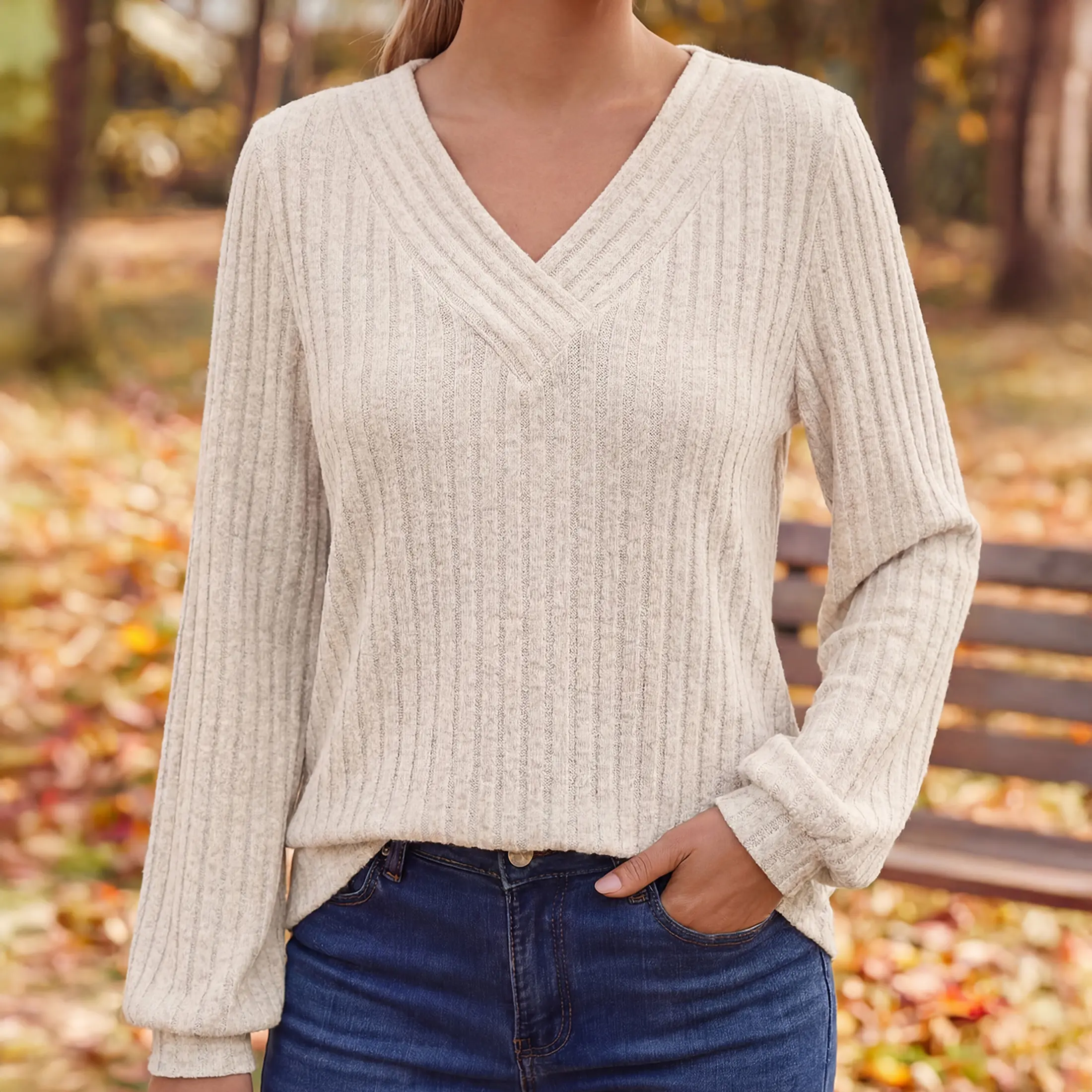 Womens V Neck Stripes Long Sleeve Shirt Fall Fashion Tops Tunic Dressy Casual Sweater Clothes Cute Trendy Work Outfits