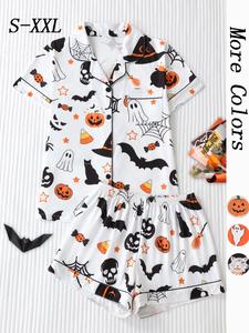 women's halloween themed pajama, casual comfy short sleeve top & elastic waist shorts pj set, ladies sleepwear for all seasons, loungewear