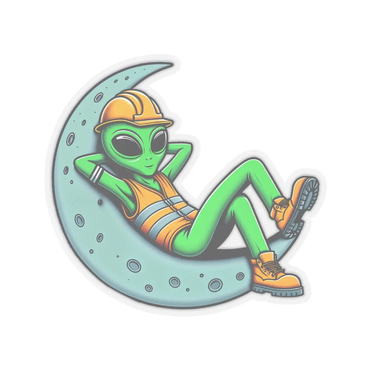 Alien Construction Worker Chillin Transparent Kiss-Cut Sticker by Mischievous Aliens Space UFO Unique Skateboard Extraterrestrial Galactic Quirky