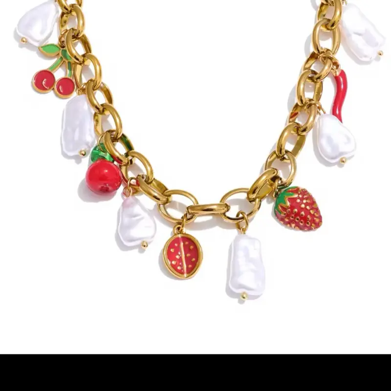 18k Stainless Steel Strawberry Dangle Necklace - Waterproof Fashion Jewelry for Women