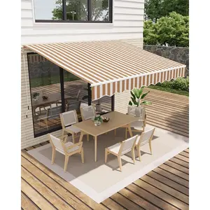 12′×10′ Retractable Awning, Waterproof Patio Awning, Sun Shade Awning w/ Manual Crank Handle, Aluminum Frame, 280 g/m² Polyester Fabric