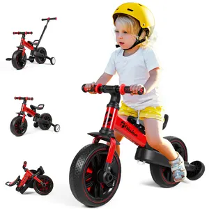 Balance Bicycle with Push Handle for Kids 2-5 Years Old, 6 in 1 Folding Push Bike with Training Wheels & Pedals, Balance Bike for Boys and Girls with Brakes & Kickstand