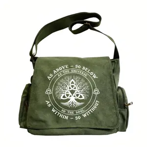 Large-capacity canvas bag featuring a tree motif with three knots, includes an adjustable shoulder strap, flip-top retro crossbody design, available in two colors. The printed design includes a tree knot pattern and philosophical text about the universe’s