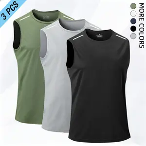 3 pcs Men's Summer Sleeveless Sports Tank Top Fitness Quick-Dry Shirt with Reflective Stripe Print Breathable Comfortable Stretch Vest for Workouts Cycling Running