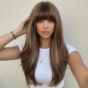 Samara-DWY Long-length Wavy Tea Brown with Highlights Glueless Synthetic Wig for Women 24 Inches