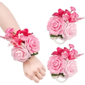 TINGE TIME Set of 2 Hot Pink Wrist Corsage Bracelets Pearl Wristlet Band Bridesmaid Bracelet for Wedding Ceremony Bridal Shower Wedding Artificial Flower Prom
