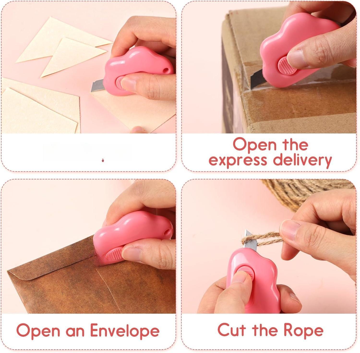 [New Deal] 6Pcs Cloud Box Cutter Retractable, Mini Utility Knife Letter Opener Envelope Slitter, Small Package Opener Paper Cutters with Keychain Hole for Office Home School Stationery DIY Crafts Rainbow Color