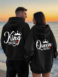 Valentine's Day Couple Sweatshirt, Spring & Fall Casual Loose Long Sleeve Hoodie, King Queen Crown Pattern Print Pocket Fashion Top