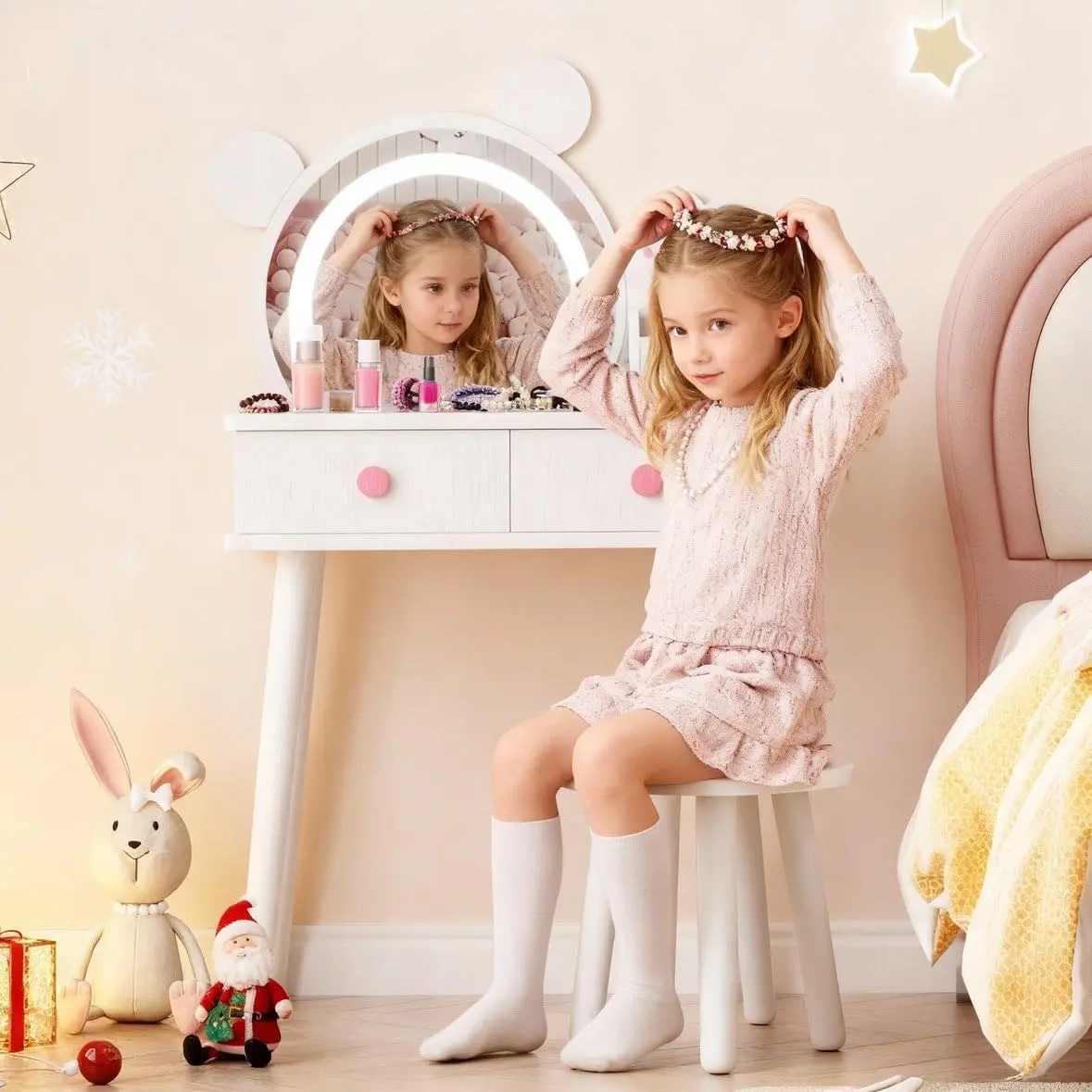 White Kids Vanity Set with Lights,Bear-Shaped Make Up Vanity Desk with Mirror&Stool,Wooden Princess Toddler Make Up Table Set for Bedroom,Pretend Play Vanity Sets for Little Girls