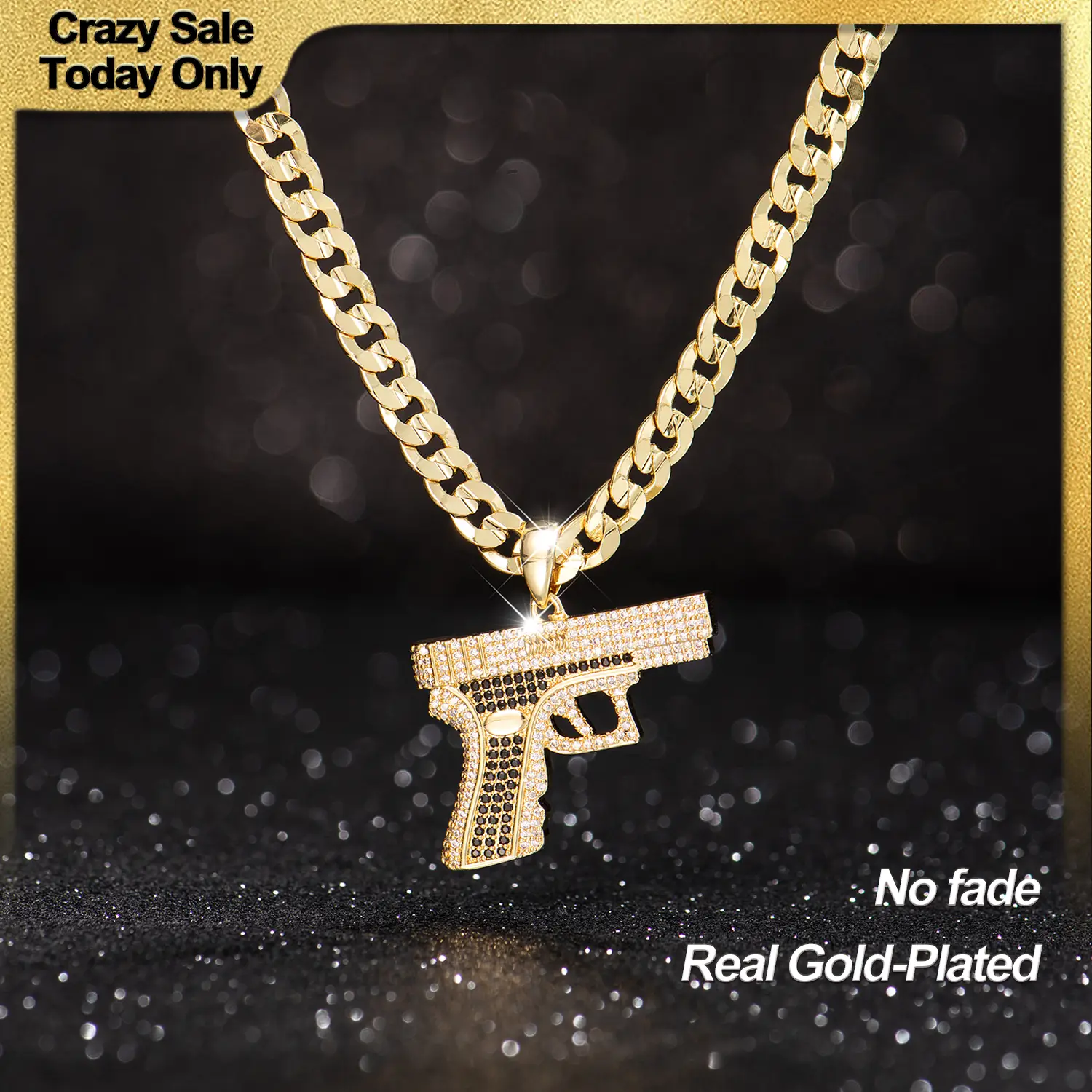 Holylegend 14K Real Gold-Plated Gun Pendant Necklace with AAAA CZ Diamonds, Streetwear Cuban and Rope Chain Jewelry, Bling Accessories Gift for Him, M