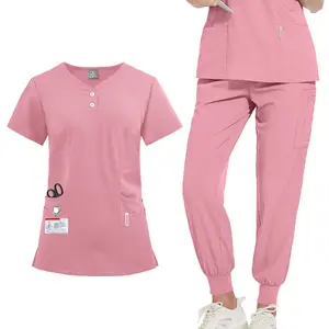 Women's 2 Piece Stretch Jogger Scrubs Set Solid V-Neck Nursing Uniform Quick Dry Breathable with pockets