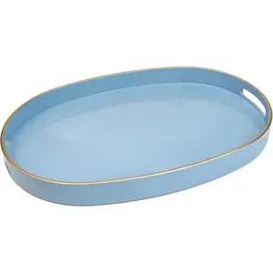 Blue Plastic Serving Tray for Ottoman, Coffee Table, Oval Decorative Tray for Entertaining, Outdoor, Living Room,  Decor