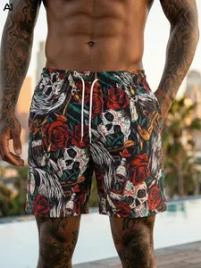 A1 Men's Quick Dry beach Trunks Tattoo Style Skull Rose  Tequila Print Board Shorts with Pockets, Breathable Elastic Waist Casual Summer Swimwear for Beach, Pool Parties  Streetwear.