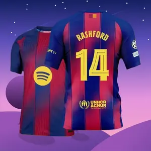 25/26 Home Red Blue #11 Raphinha Soccer Jersey, Short Sleeve Fan Version Football Shirt