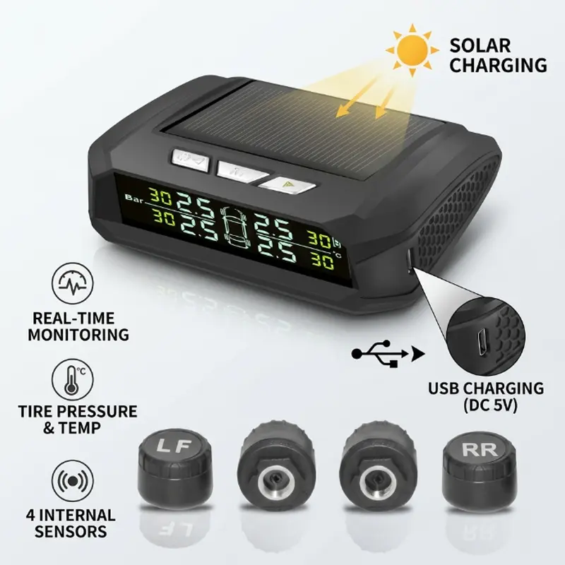 Solar Powered Wireless TPMS Pressure Monitoring System - Real-Time Car Temp & Pressure Monitor with 4 External Sensors, USB Charging, Auto Alarm for SUV/Truck; Includes Medium-Tip Speedy Tire Valve Stem Tool, Dual Reusable Heavy-Duty Snow Chains (Fits 35)