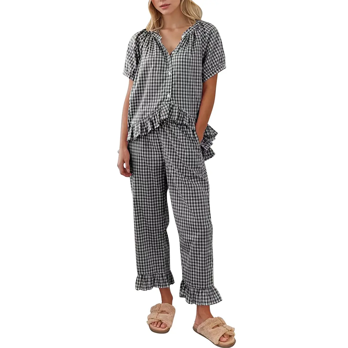 Mibbory Gingham Pajamas Set 2 Piece for Women Plaid Sets Pjs Vintage Y2K 100% Cotton Clothes Button Down Babydoll Top with Puff Sleeves & Matching Ruffle Pants Cute Loungewear Loungewear Pjs Sleepwear Nightwear Homewear Comfort Outfit