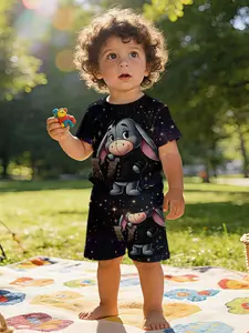 Dreamy Starry Sky Eeyore Donkey Digital Print Baby Short Sleeve Set, Casual Kids' Clothing for Infants, Suitable for Daily and Outdoor Sports T-shirts, 100% Polyester, Perfect Gift for Babies!