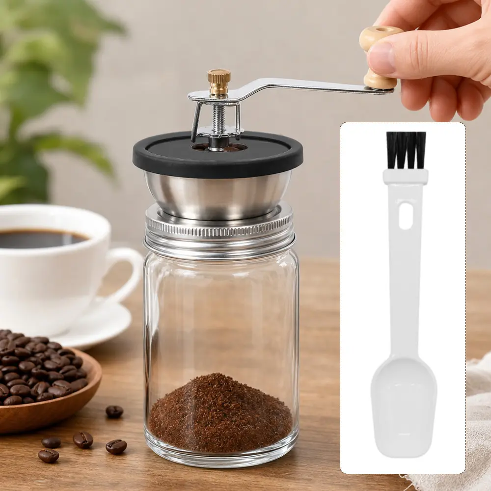 Portable Hand Crank Coffee Grinder Set, Multi-Grind Size Adjustable Manual Coffee Mill, Lightweight Stainless Steel Coffee Grinding Accessory for Outdoor Camping Office Daily Coffee Making