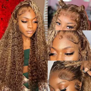 Yilike 13x6 Highlight Ombre Deep Wave Lace Front Wigs Human Hair Pre Plucked 13x6 HD Honey Blonde 4/27 Deep Wave Lace Frontal Wigs 180% Density Glueless Wigs Water Wave Honey Blonde Curly Lace Frontal Wigs Human Hair for Women