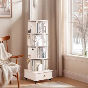Rotating Bookshelf with Drawer, 360 Display 5 Tier Corner Bookshelf for Small Space, Floor Standing Bookcase Storage Rack, Wood Narrow Book Shelf Organizer for Bedroom, Living Room (WHITE)