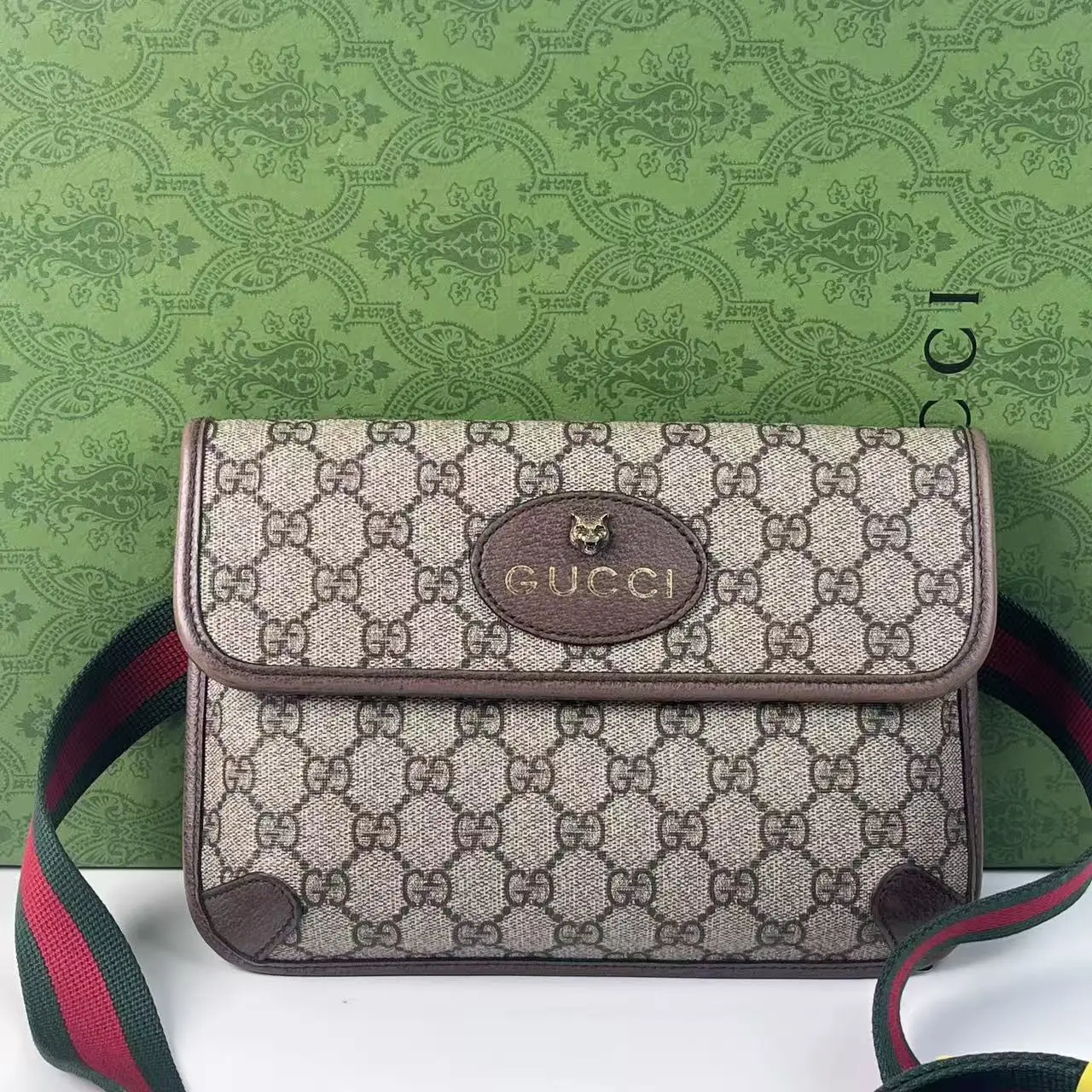 Pre-owned GUCCI Retro Cat Logo Canvas Chest Waist Pouch with Web Belt