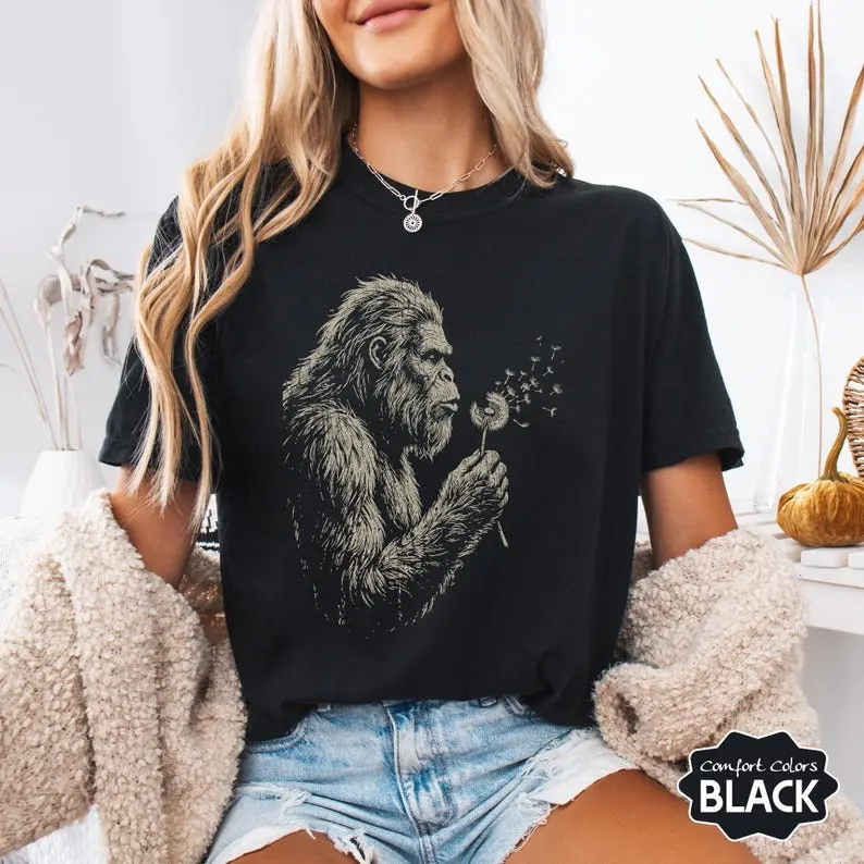 Bigfoot Dandelion T-Shirt, Vintage Sasquatch Nature Tee, Woodland Cryptid Graphic T-Shirt, Outdoor Adventure Shirt, Bigfoot Lover Gift Prints