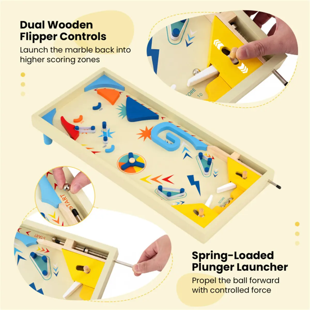 Colorful wooden pinball machine, 3 metal marbles and spring plunger, double flip control, perfect for fun games.