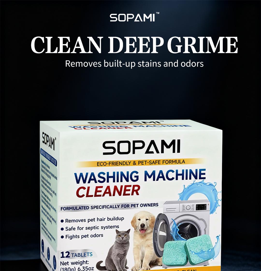 SOPAMI Washing Machine Cleaner Tablets for Pet Owners Eco-Friendly Pet-Safe Formula Removes Pet Hair & Odors Septic Safe 12 Count Deep Cleaning Tablets for Front Load Top Load HE Washers