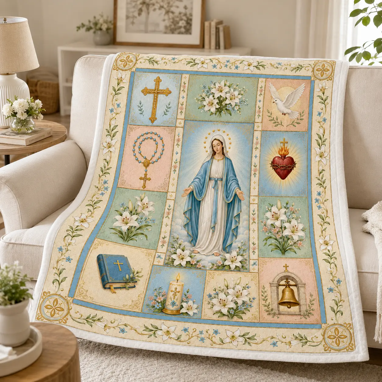 Religious Quilt Blanket, Catholic Virgin Mary Blanket, Christian Faith Gift, Floral Prayer Blanket, Catholic Home Decor, Spiritual Gift, Soft Cozy Faith Throw For Bedroom Living Room Worship Space Prayer Corner