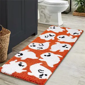 Cute Ghost Halloween Bathroom Runner Rug 18’’x45’’ Vibrant Orange Spooky Funny Halloween Extra Long Bath Rug Non Slip Washable, Modern Fall Halloween Aesthetic Bath Runner Bathroom Decorations