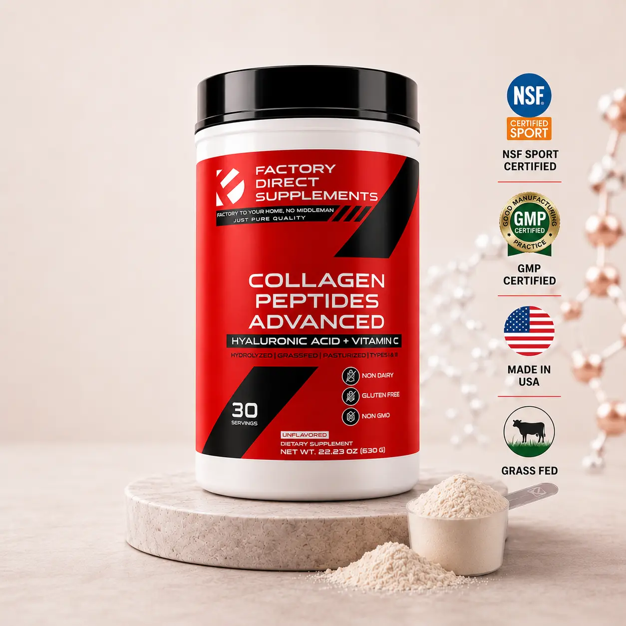 Factory Direct  Collagen Peptides Advanced  Powder 22.23 OZ for Women & Men Daily Supports Skin Hydrolyzed,Hyaluronic Acid+Vitamin C ,Types I&III  Halal Collagen Supplements Deep Hydration,Antioxidant,Brightening,Anti-Aging