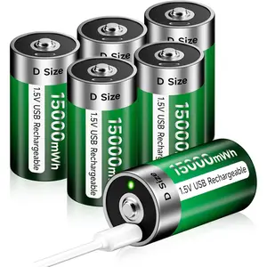 Rechargeable D Batteries 6 Pack with USB-C Charging Cable, D Size 15000mWh Cell Battery for Flashlight Toys & Floodlight