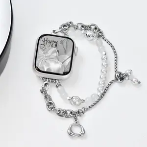 Elegant Pearl Watch Bracelet, Fashion Jewelry Wristband Strap for Women, Compatible with Apple Watch Series 4–11 & SE 38–46mm