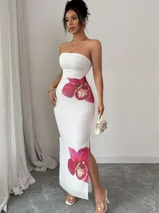 Branch Floral Print Bodycon Wrap Dress - Bustier, Ruched Fitted - Elegant Evening, Party Wear