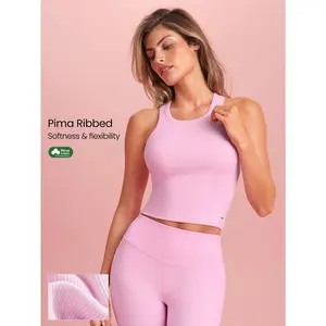 GLOWMODE Ribbed Pima Cotton Crush Mode Waist Length Slim Fit Racerback Tank Top Daily Casual Wear
