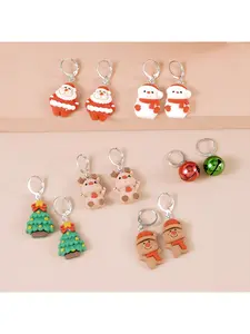 6 Sets of Fashionable Santa Reindeer Resin Tree Bell Earring Ear Hooks Gift