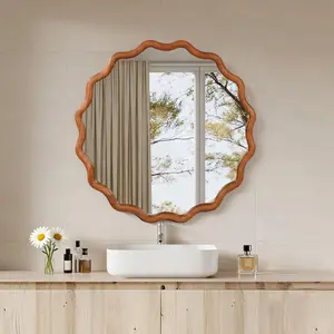 Yellowish Brown 30 inch Wavy Round Solid Wood Frame Decorative Mirror,For Bedroom, Bathroom, Living Room, Entryway